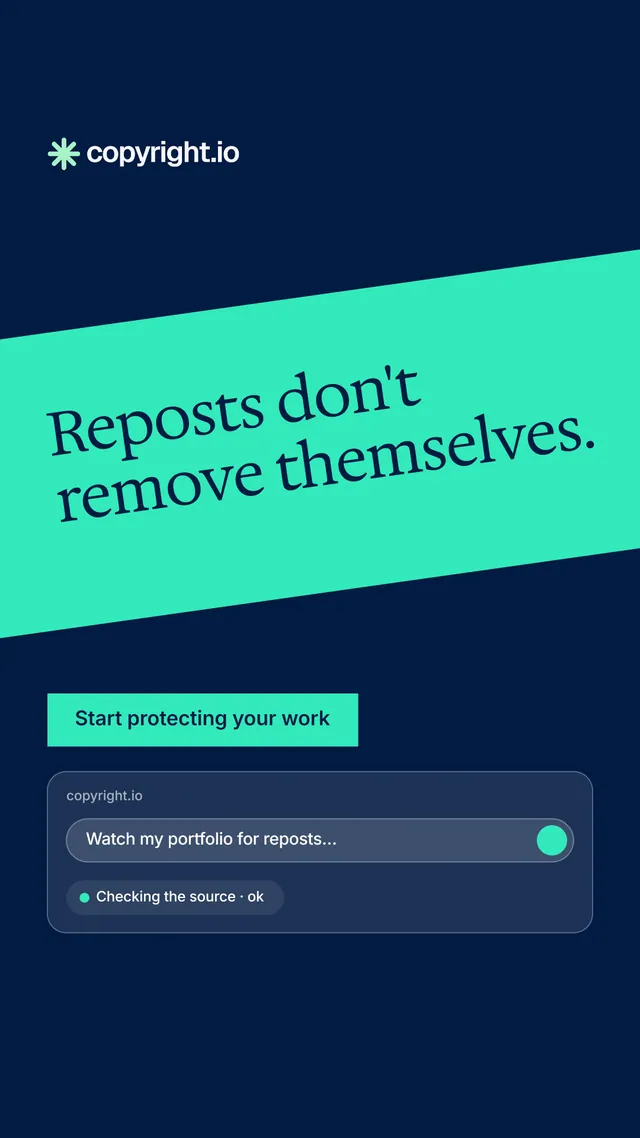 Instagram story for copyright.io: "Reposts don't remove themselves." Split block style, diagonal layout, dark palette in blue, teal.