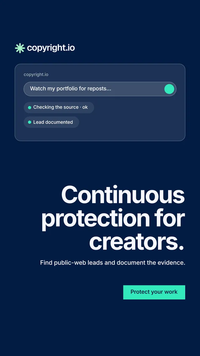 Instagram story for copyright.io: "Continuous protection for creators." Swiss style, right layout, dark palette in blue.