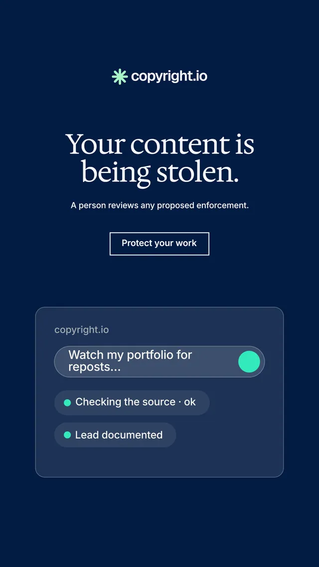 Instagram story for copyright.io: "Your content is being stolen." Editorial style, centred layout, dark palette in blue.