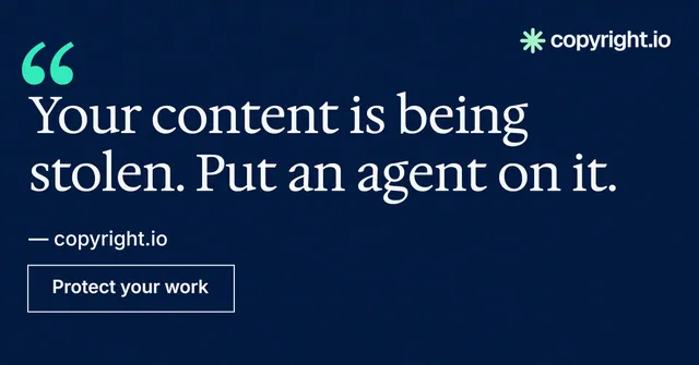 Social ad for copyright.io: "Put an agent on it." Editorial style, quote layout, dark palette in blue, black.