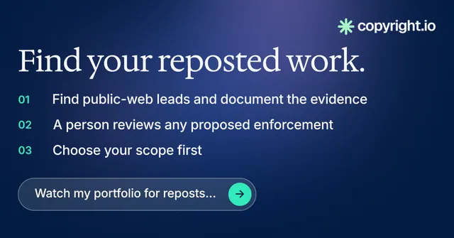 Social ad for copyright.io: "Find your reposted work." Agentic glass style, numbered layout, dark palette in blue.