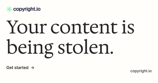 Social ad for copyright.io: "Your content is being stolen." Minimal luxury style, poster layout, light palette in white, grey.