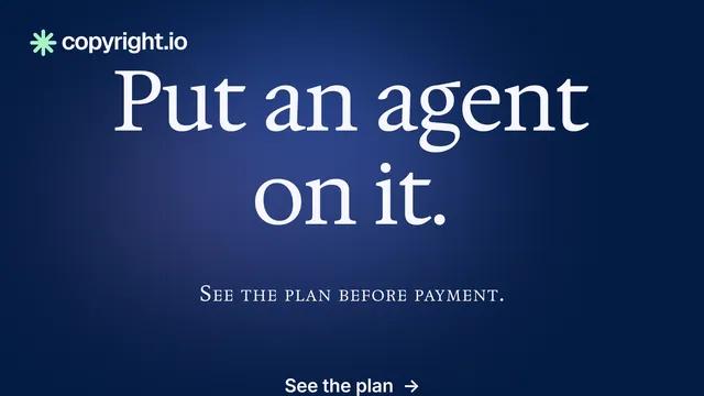 Landscape graphic for copyright.io: "Put an agent on it." Agentic glass style, smallcaps layout, dark palette in blue.
