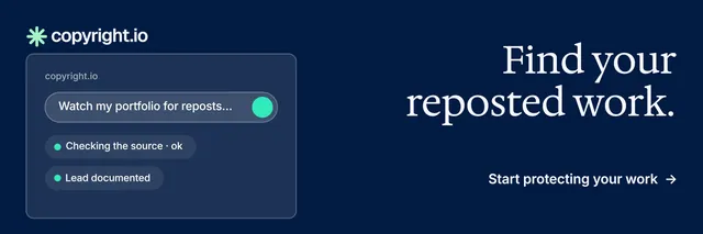 X header for copyright.io: "Find your reposted work." Minimal luxury style, right layout, dark palette in blue.