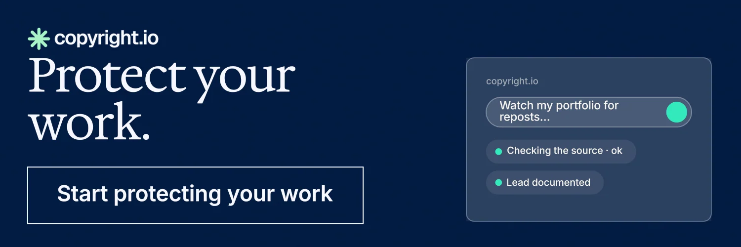 X header for copyright.io: "Protect your work." Editorial style, skeleton layout, dark palette in blue.