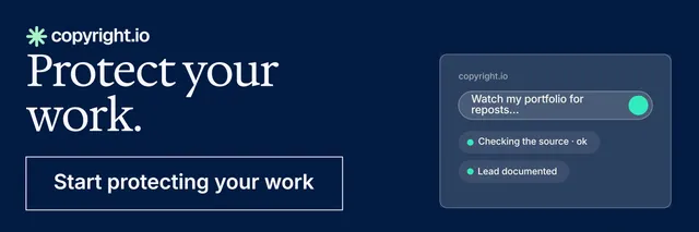 X header for copyright.io: "Protect your work." Editorial style, skeleton layout, dark palette in blue.