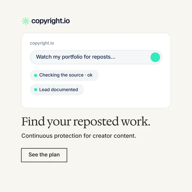 Instagram post for copyright.io: "Find your reposted work." Editorial style, bottom layout, light palette in white.