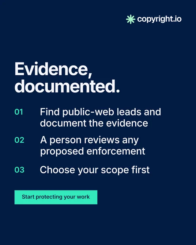 Instagram portrait post for copyright.io: "Evidence, documented." Swiss style, numbered layout, dark palette in blue.