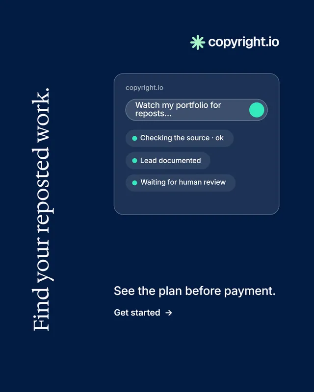 Instagram portrait post for copyright.io: "Find your reposted work." Minimal luxury style, vertical layout, dark palette in blue.