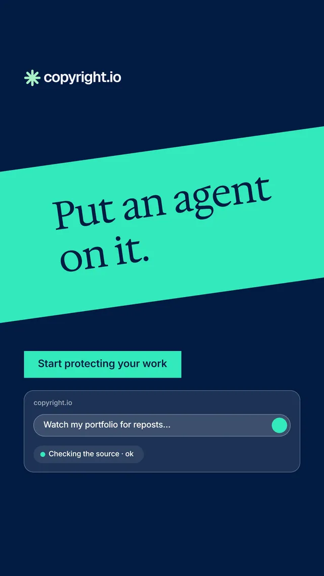 Instagram story for copyright.io: "Put an agent on it." Split block style, diagonal layout, dark palette in blue, teal.