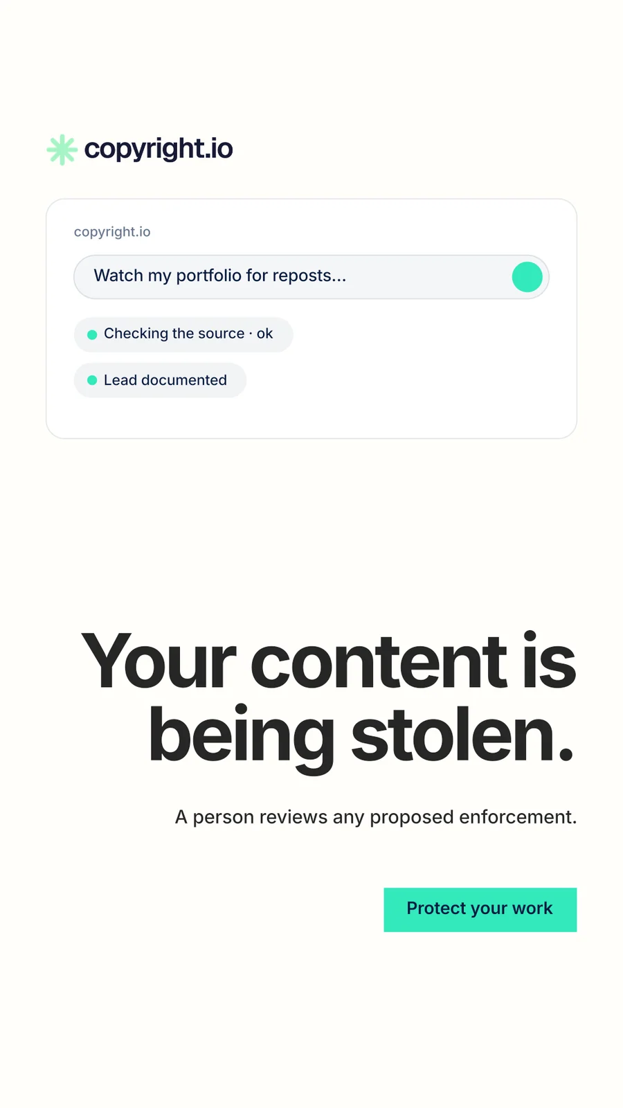 Instagram story for copyright.io: "Your content is being stolen." Swiss style, right layout, light palette in white.
