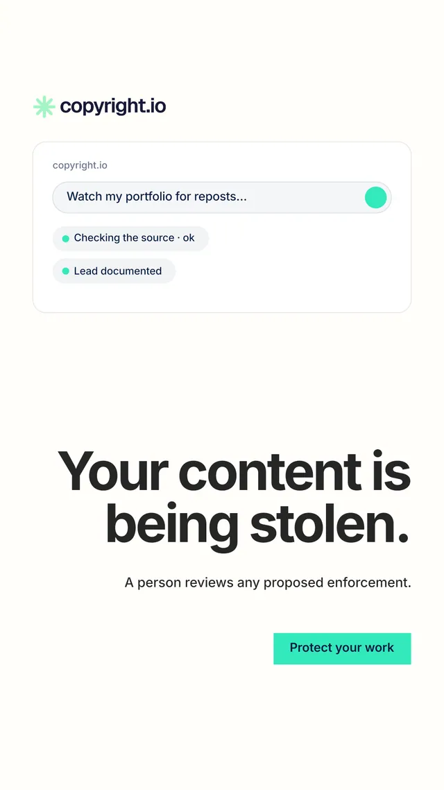 Instagram story for copyright.io: "Your content is being stolen." Swiss style, right layout, light palette in white.