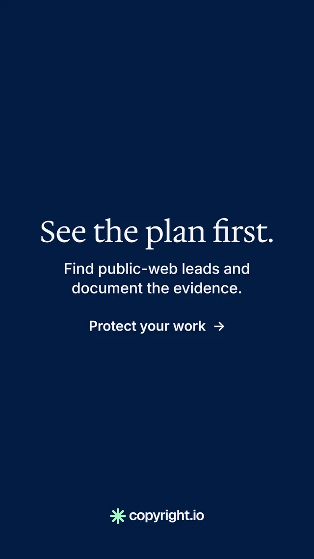 Instagram story for copyright.io: "See the plan first." Minimal luxury style, skeleton layout, dark palette in blue.