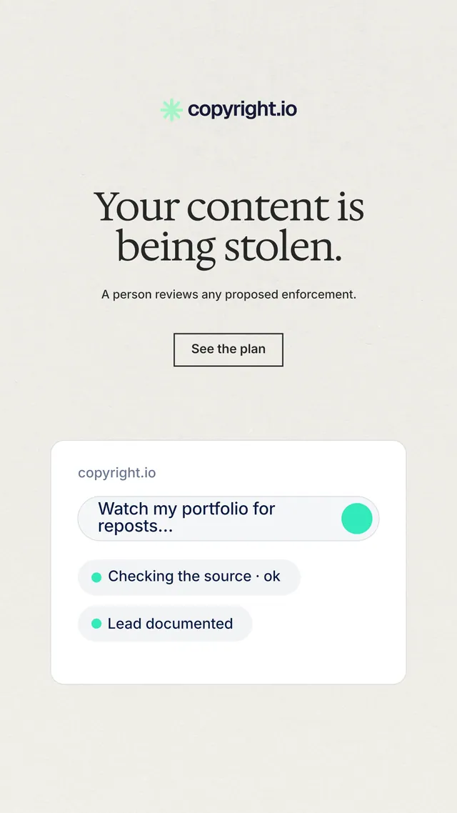 Instagram story for copyright.io: "Your content is being stolen." Editorial style, centred layout, light palette in white.