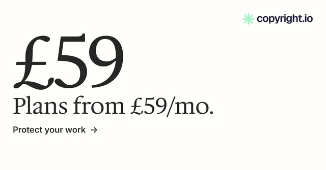 Social ad for copyright.io: "Protect your work." Minimal luxury style, stat layout, light palette in white, grey.