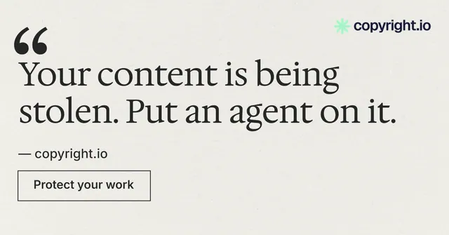 Social ad for copyright.io: "Evidence, documented." Editorial style, quote layout, light palette in white, grey.