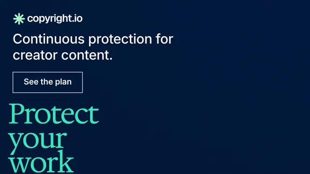 Landscape graphic for copyright.io: "See the plan first." Editorial style, oversized layout, dark palette in black, blue.