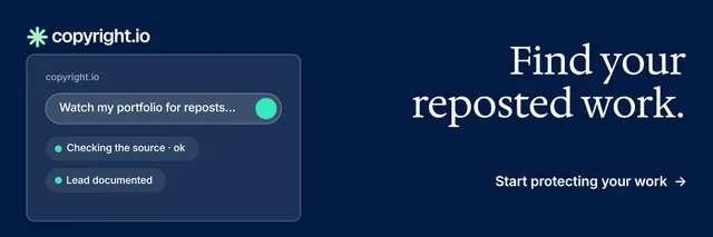 X header for copyright.io: "Find your reposted work." Minimal luxury style, right layout, dark palette in blue.