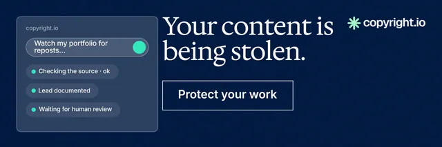 X header for copyright.io: "Your content is being stolen." Editorial style, skeleton layout, dark palette in blue.