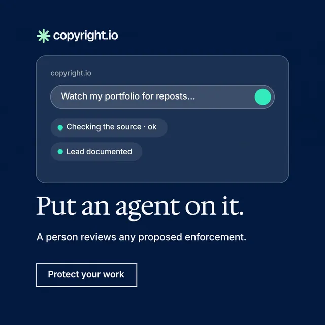 Instagram post for copyright.io: "Put an agent on it." Editorial style, bottom layout, dark palette in blue.