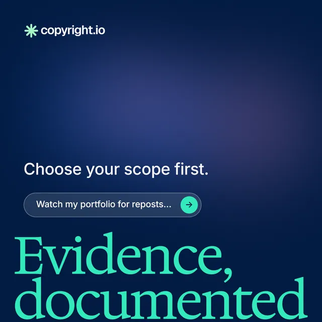 Instagram post for copyright.io: "Continuous protection for creators." Agentic glass style, oversized layout, dark palette in blue.