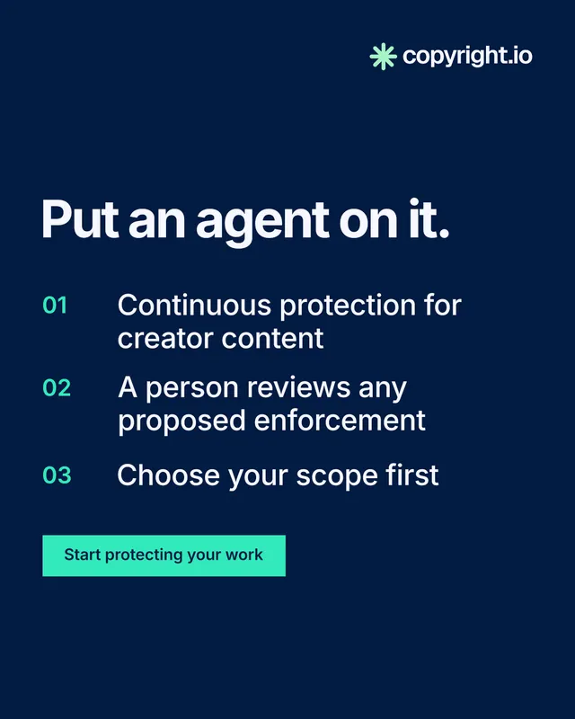 Instagram portrait post for copyright.io: "Put an agent on it." Swiss style, numbered layout, dark palette in blue.