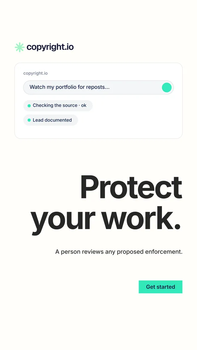 Instagram story for copyright.io: "Protect your work." Swiss style, right layout, light palette in white.