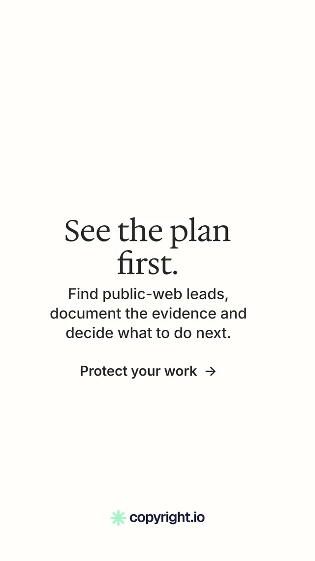 Instagram story for copyright.io: "See the plan first." Minimal luxury style, skeleton layout, light palette in white.