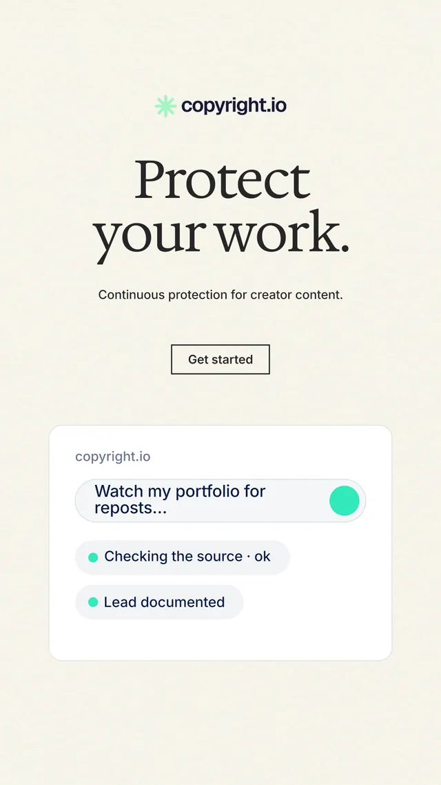 Instagram story for copyright.io: "Protect your work." Editorial style, centred layout, light palette in white.