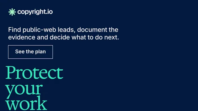 Landscape graphic for copyright.io: "See the plan first." Editorial style, oversized layout, dark palette in blue.
