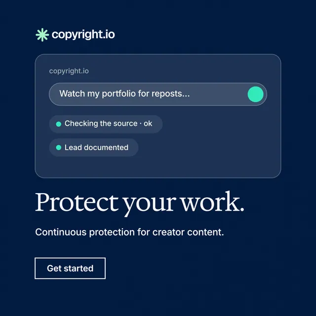 Instagram post for copyright.io: "Protect your work." Editorial style, bottom layout, dark palette in blue.