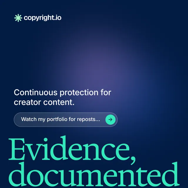 Instagram post for copyright.io: "Find your reposted work." Agentic glass style, oversized layout, dark palette in blue.