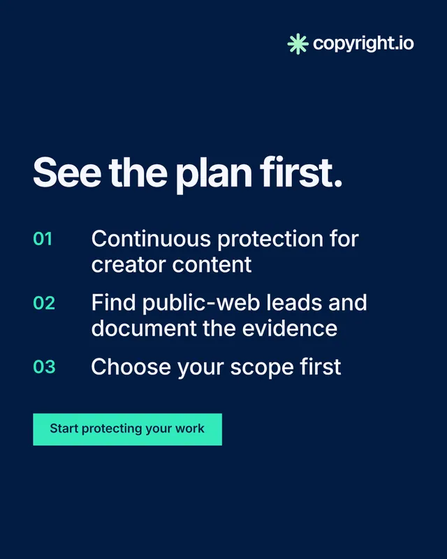 Instagram portrait post for copyright.io: "See the plan first." Swiss style, numbered layout, dark palette in blue.