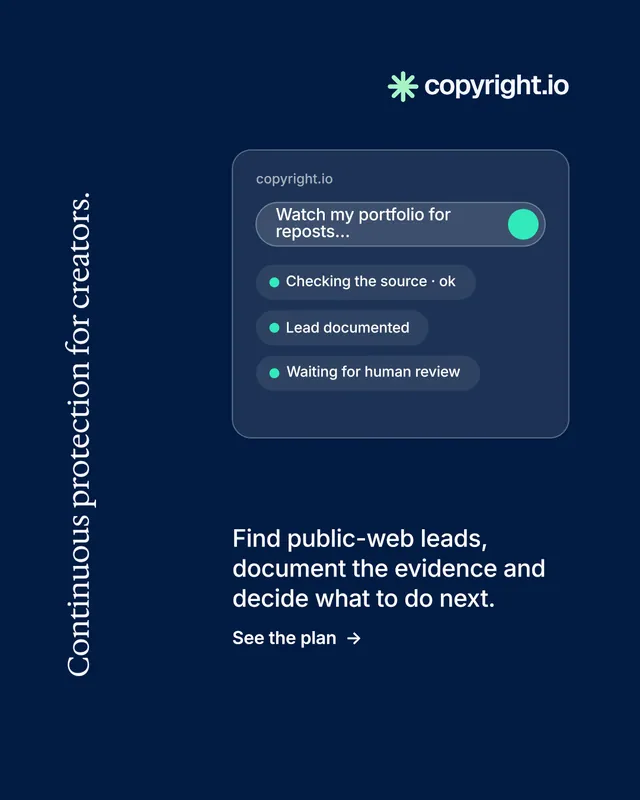Instagram portrait post for copyright.io: "Continuous protection for creators." Minimal luxury style, vertical layout, dark palette in blue.