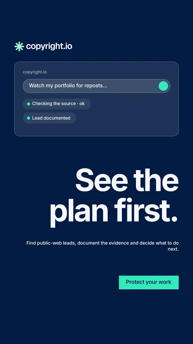 Instagram story for copyright.io: "See the plan first." Swiss style, right layout, dark palette in blue.