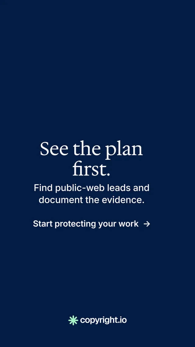 Instagram story for copyright.io: "See the plan first." Minimal luxury style, skeleton layout, dark palette in blue.