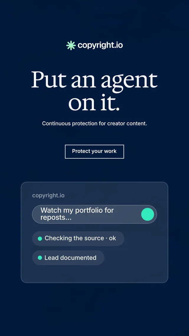 Instagram story for copyright.io: "Put an agent on it." Editorial style, centred layout, dark palette in black, blue.