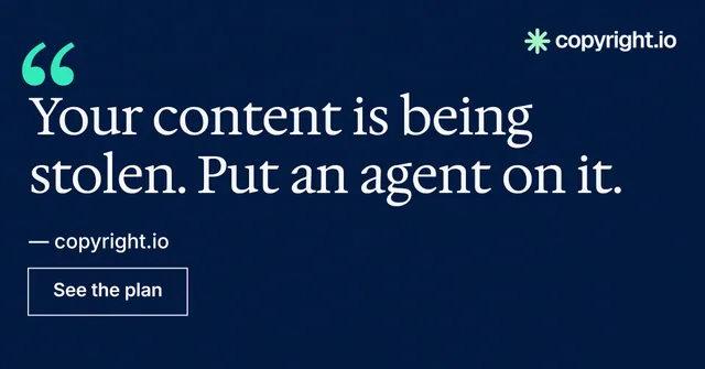 Social ad for copyright.io: "Protect your work." Editorial style, quote layout, dark palette in blue.