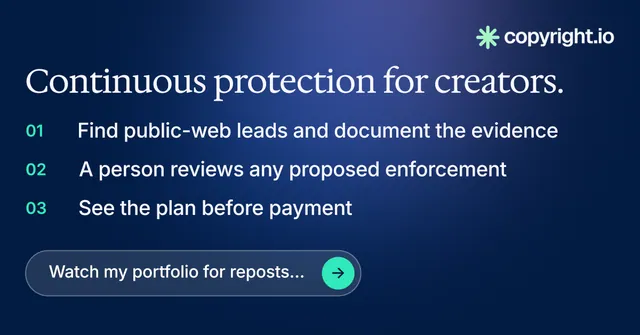 Social ad for copyright.io: "Continuous protection for creators." Agentic glass style, numbered layout, dark palette in blue.