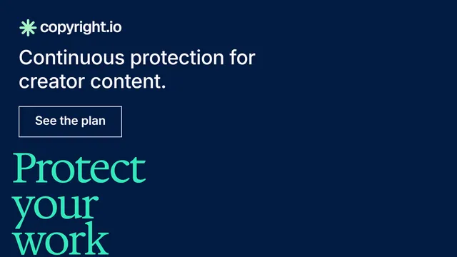Landscape graphic for copyright.io: "See the plan first." Editorial style, oversized layout, dark palette in blue.