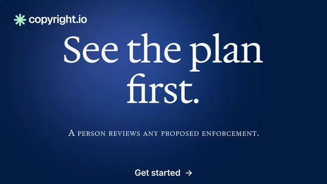 Landscape graphic for copyright.io: "See the plan first." Agentic glass style, smallcaps layout, dark palette in blue.