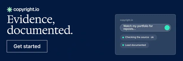 X header for copyright.io: "Evidence, documented." Editorial style, skeleton layout, dark palette in blue.