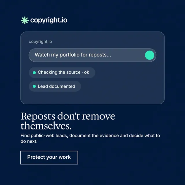 Instagram post for copyright.io: "Reposts don't remove themselves." Editorial style, bottom layout, dark palette in blue, black.
