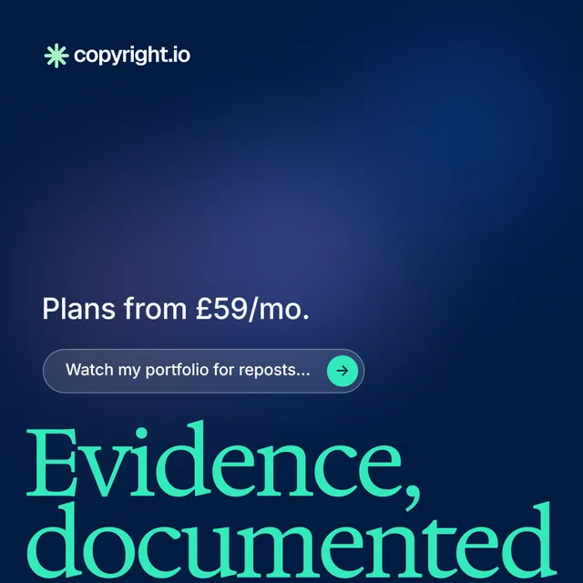 Instagram post for copyright.io: "Find your reposted work." Agentic glass style, oversized layout, dark palette in blue.