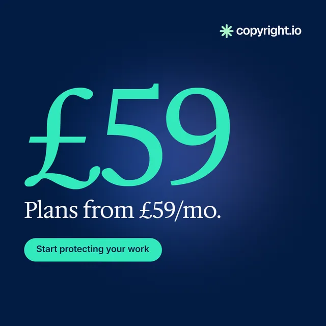 Instagram post for copyright.io: "Protect your work." Y2K style, stat layout, dark palette in blue, teal.
