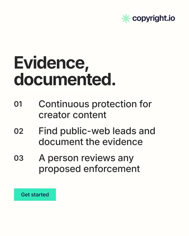 Instagram portrait post for copyright.io: "Evidence, documented." Swiss style, numbered layout, light palette in white, grey.