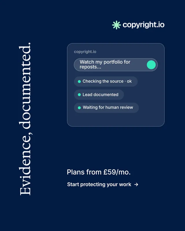 Instagram portrait post for copyright.io: "Evidence, documented." Minimal luxury style, vertical layout, dark palette in blue.