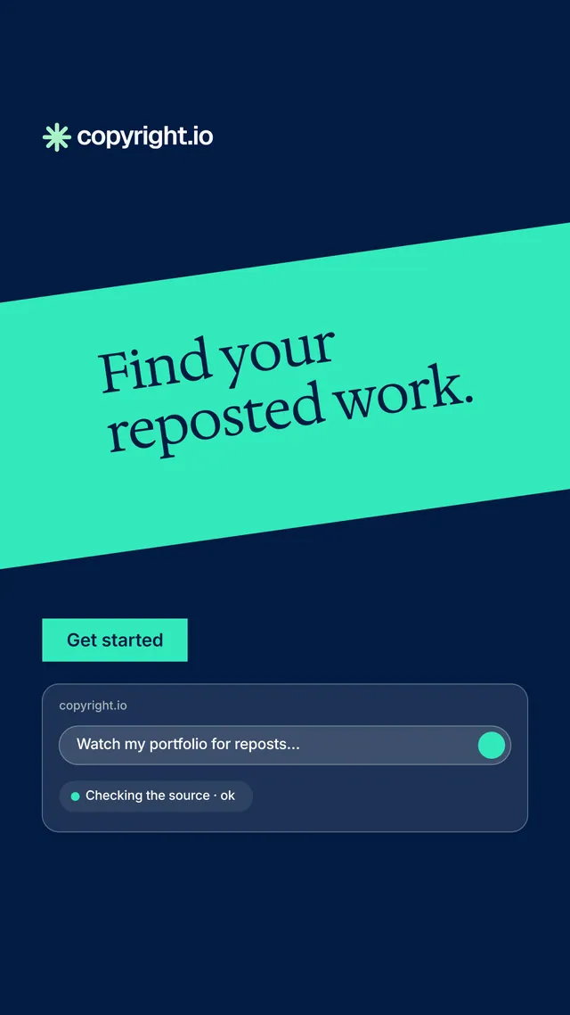 Instagram story for copyright.io: "Find your reposted work." Split block style, diagonal layout, dark palette in blue, teal.