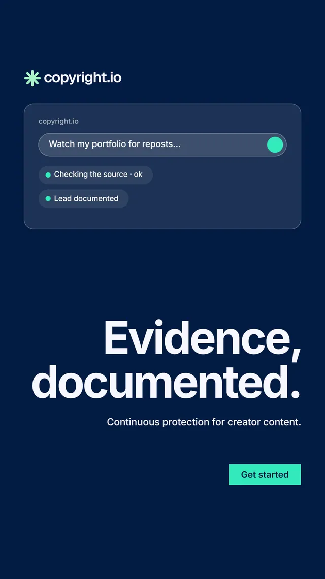 Instagram story for copyright.io: "Evidence, documented." Swiss style, right layout, dark palette in blue.