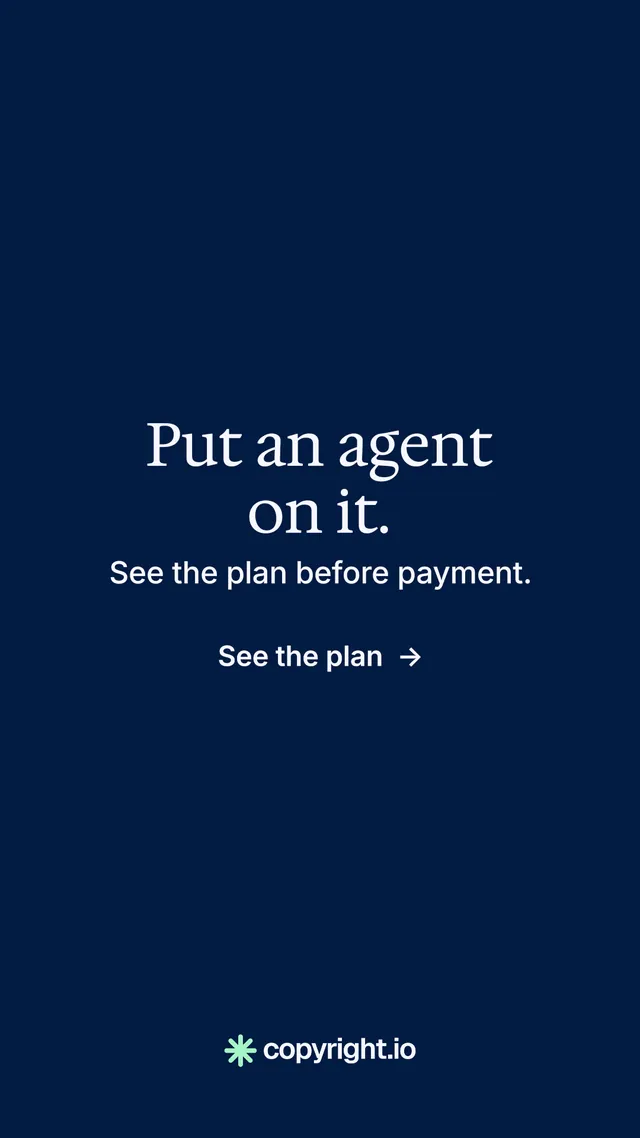 Instagram story for copyright.io: "Put an agent on it." Minimal luxury style, skeleton layout, dark palette in blue.
